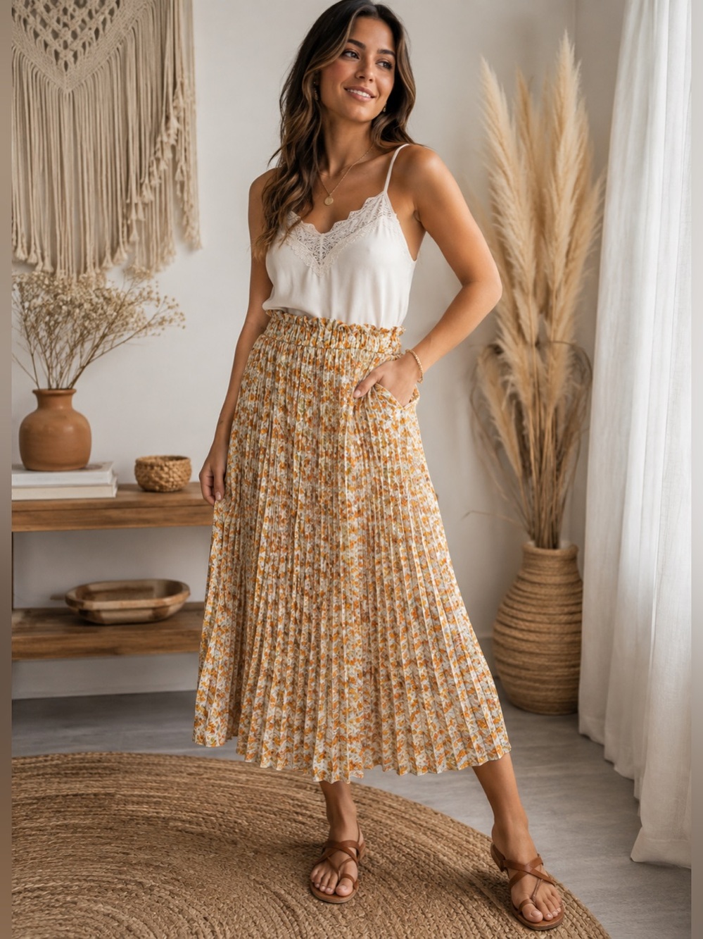 Exlura Floral Pleated Midi Skirt Elastic Waist Pockets Boho Size S